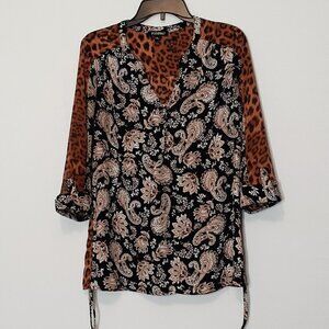 ROZ & ALI Chiffon Tunic; Animal Print / Floral & Paisley; 3/4 Sleeves; Size M